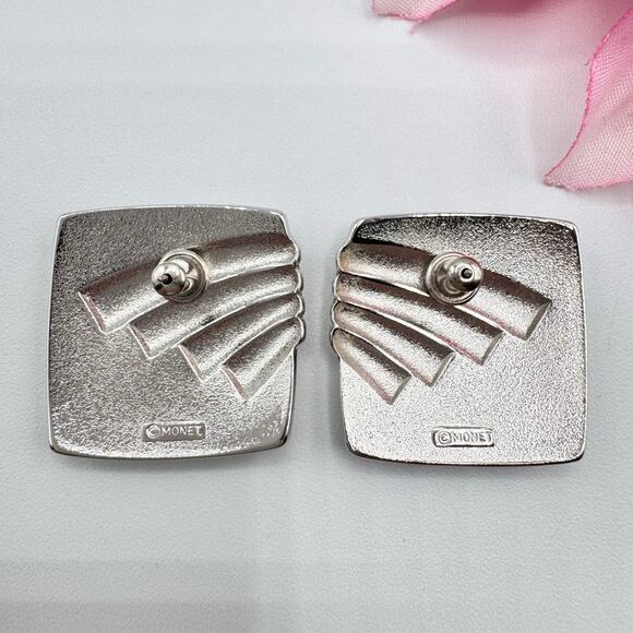 Vintage Monet Winged Square Stud Earrings Signed Runway Chic Retro Silver Tone - Picture 7 of 9